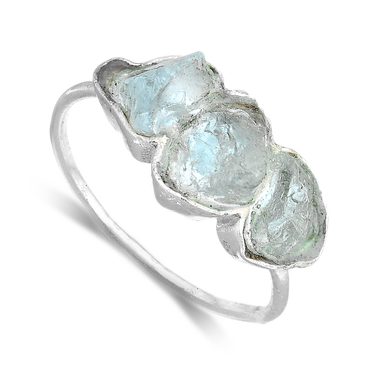 Three Stone Raw Aquamarine Ring Sterling Silver