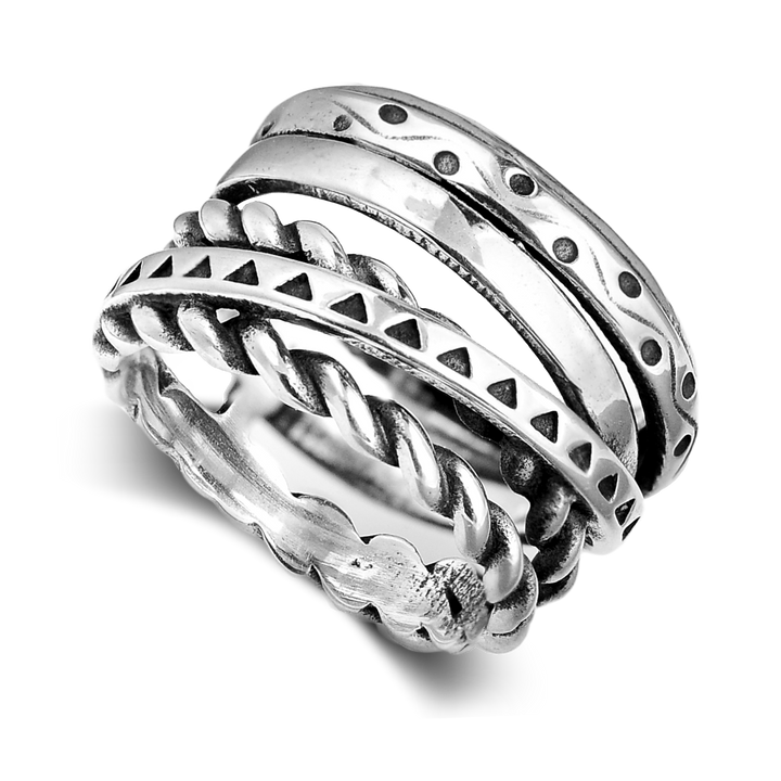 Women's Wide Band Silver Ring with Boho Engraving