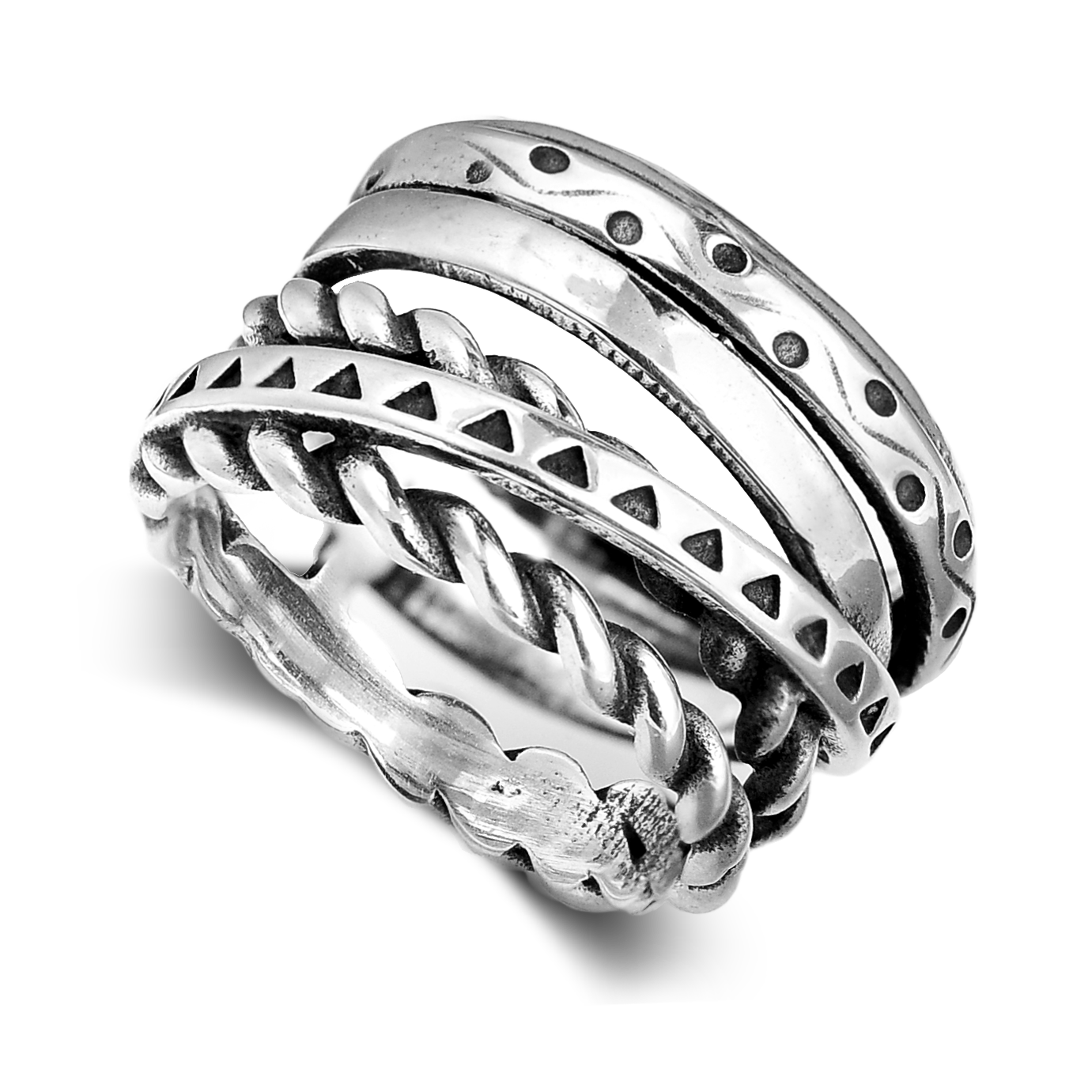 Women's Wide Band Silver Ring with Boho Engraving