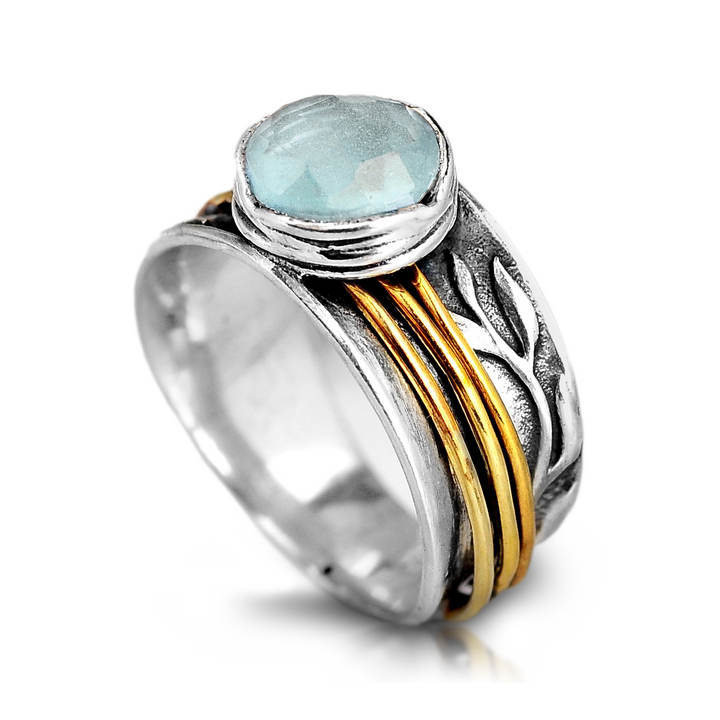 Aquamarine Spinner Ring Inspired by Nature Sterling Silver