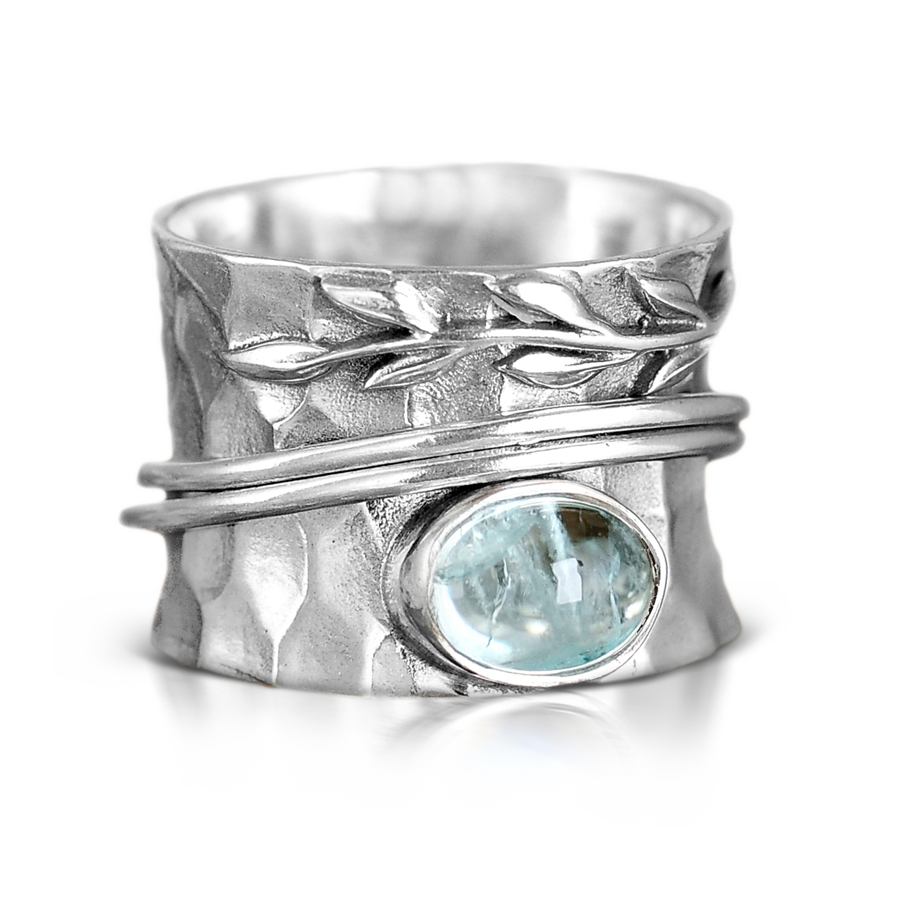 Aquamarine Leaf Spinner Ring Sterling Silver