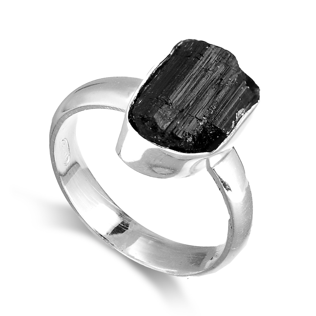 Raw Black Tourmaline Ring Sterling Silver