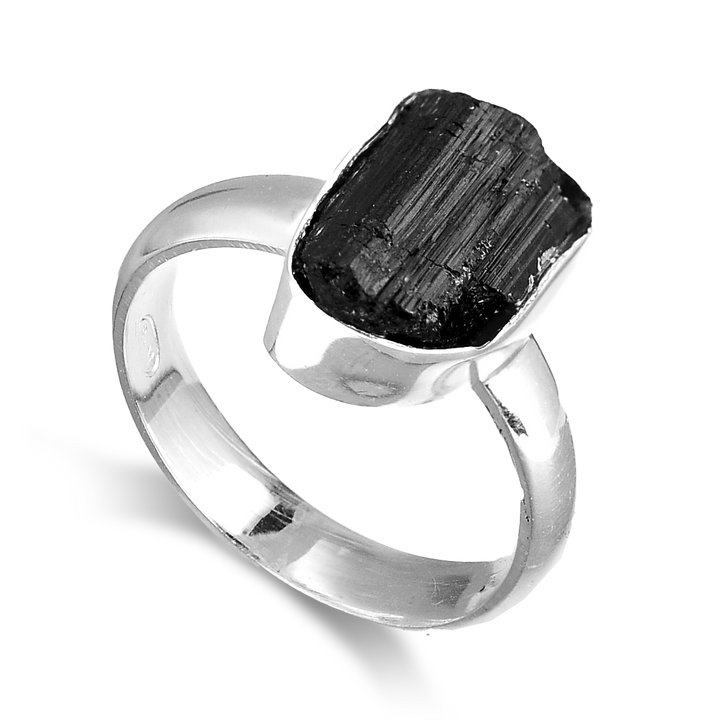 Raw Black Tourmaline Ring Sterling Silver