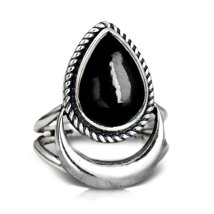 Black Tourmaline Moon Ring Sterling Silver