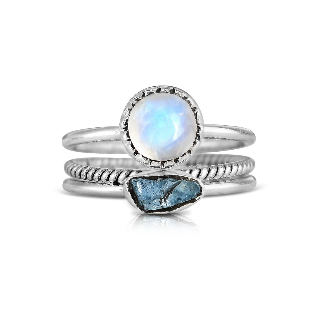 Moonstone and Aquamarine Ring Stacking Set Sterling Silver