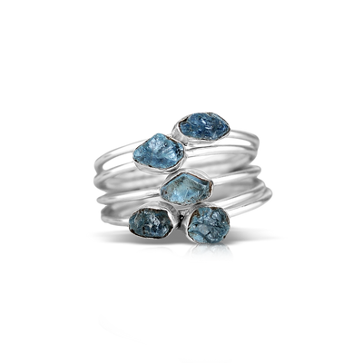 Raw Aquamarine Ring Stacking Set Sterling Silver - Boho Magic