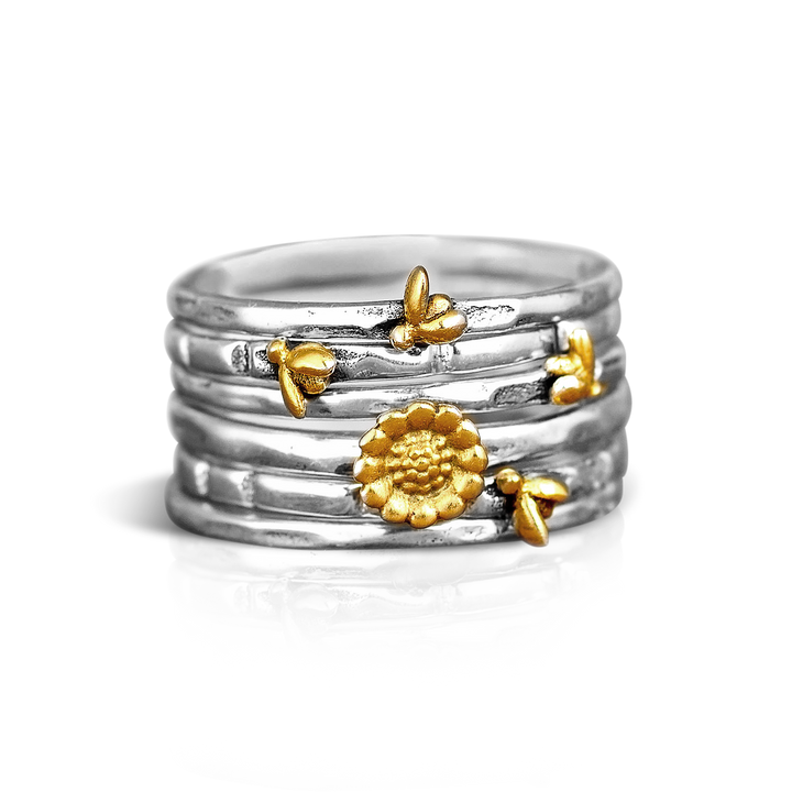 Bees and Sunflower Stacking Ring Set Sterling Silver