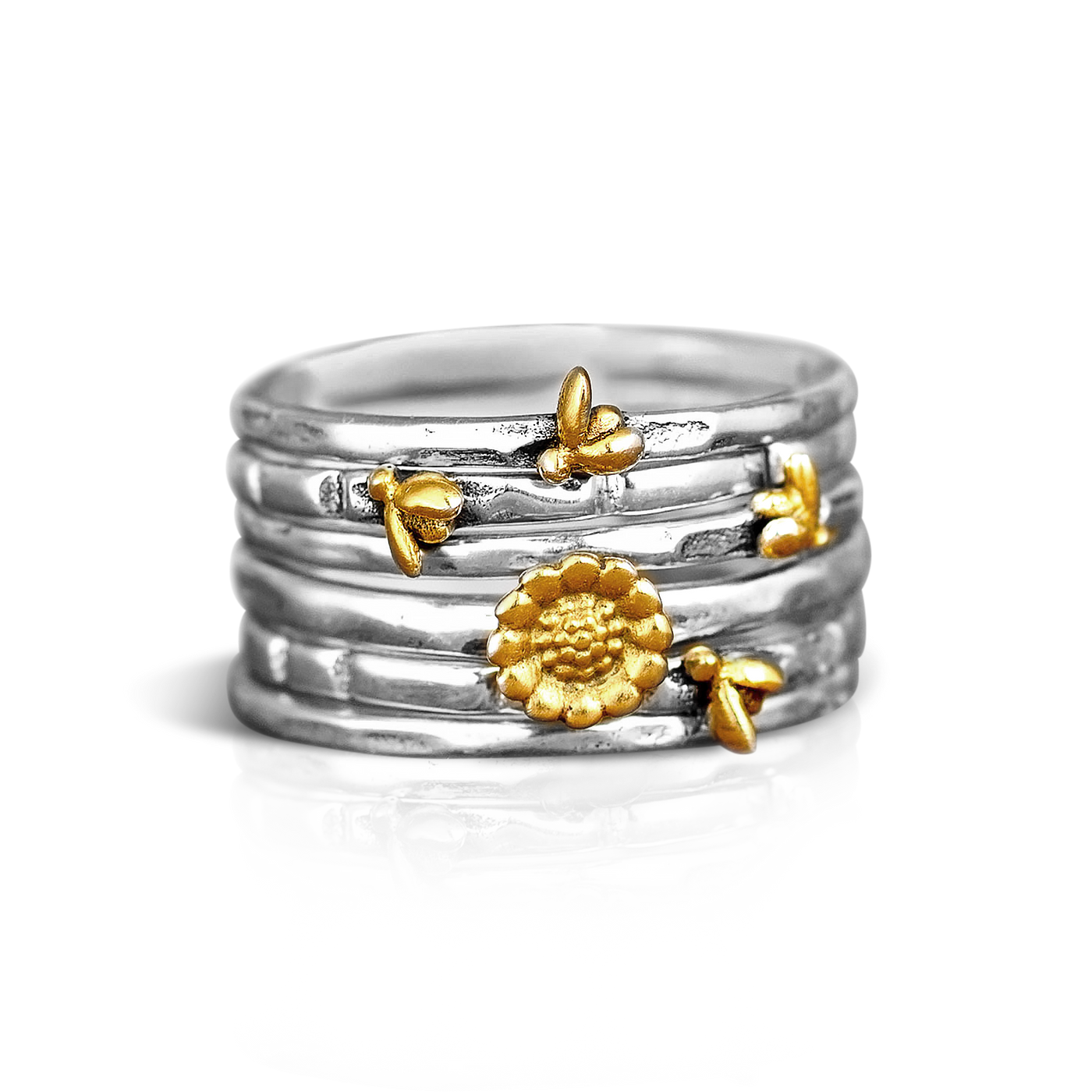 Bees and Sunflower Stacking Ring Set Sterling Silver