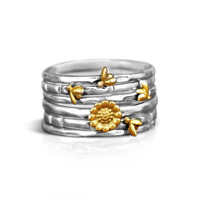 Bees and Sunflower Stacking Ring Set Sterling Silver - Boho Magic