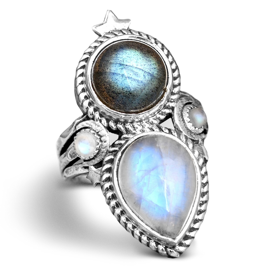 Celestial Moonstone and Labradorite Silver Ring