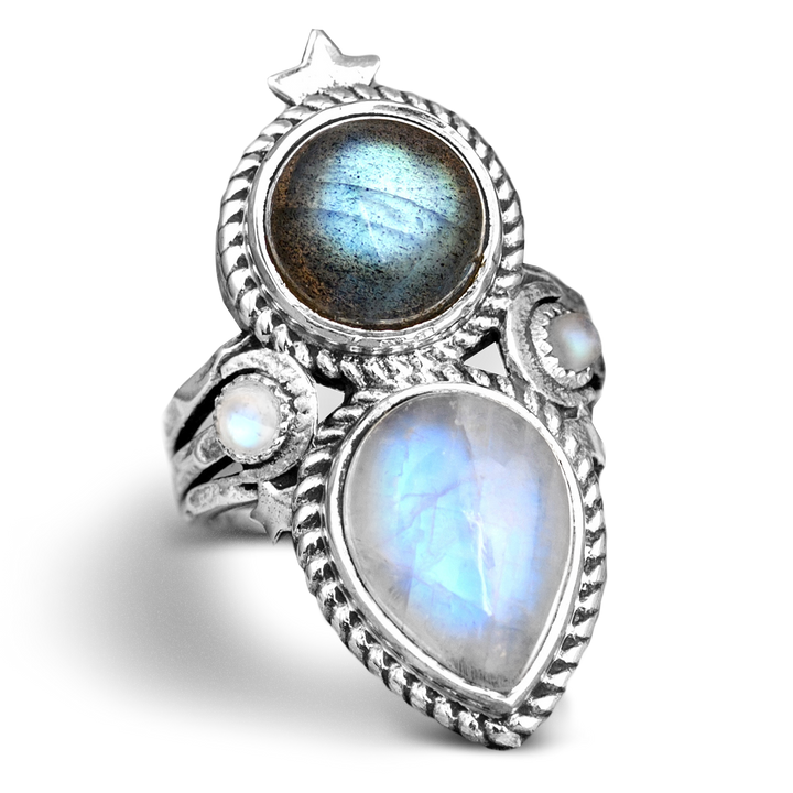 Celestial Moonstone and Labradorite Silver Ring