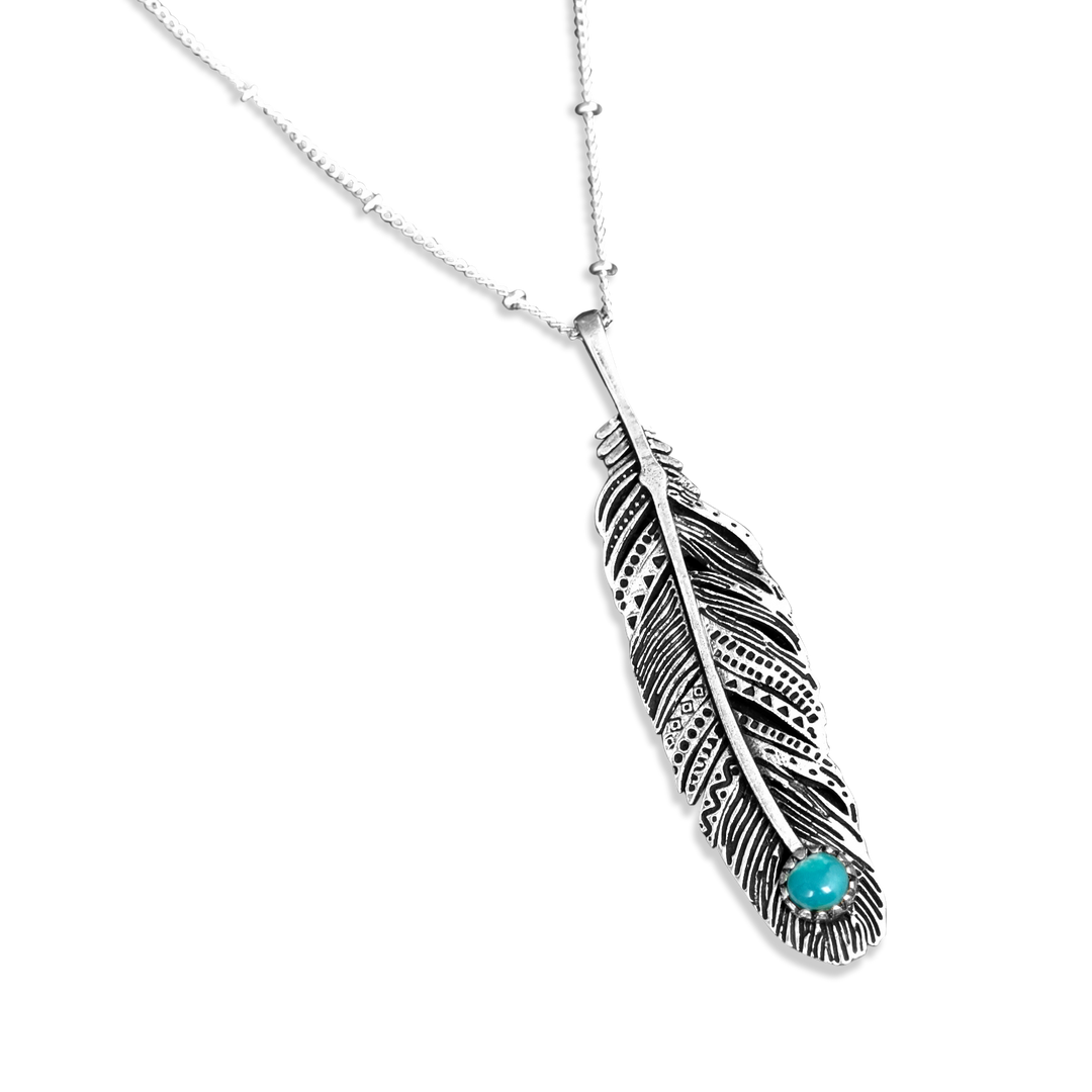 Boho Feather Turquoise Necklace Sterling Silver