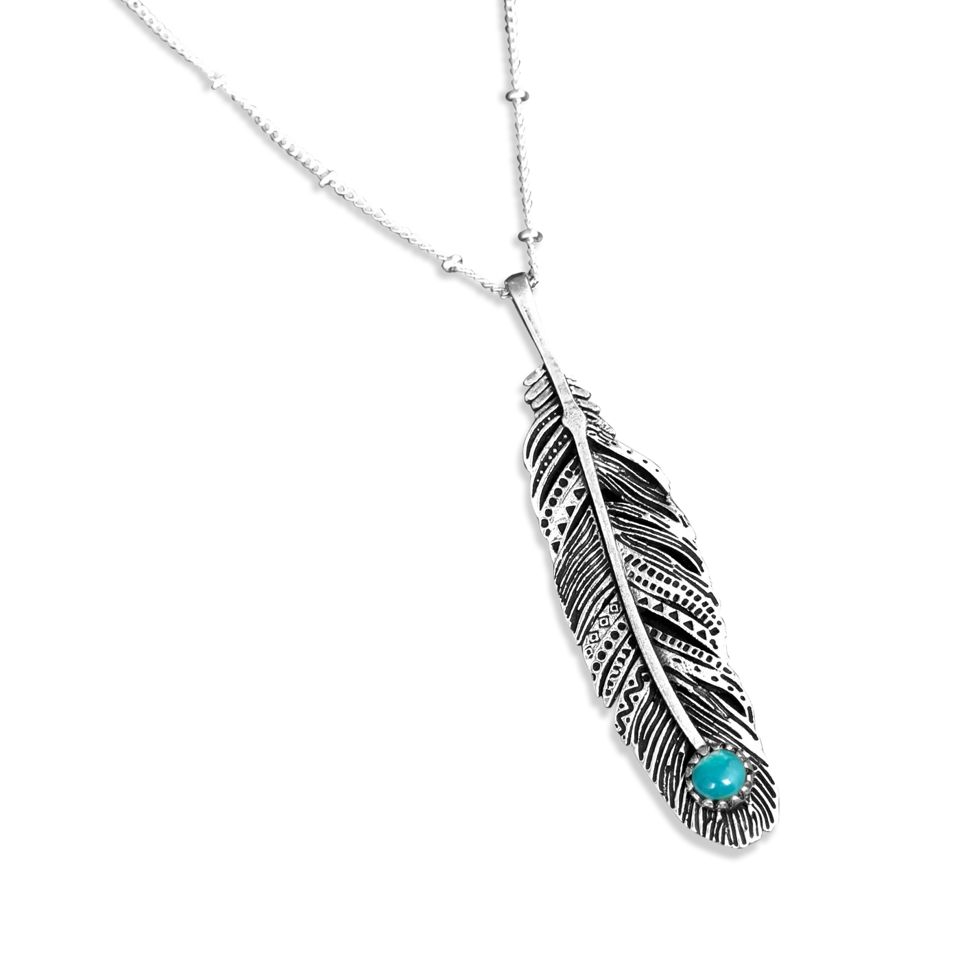 Boho Feather Turquoise Necklace Sterling Silver