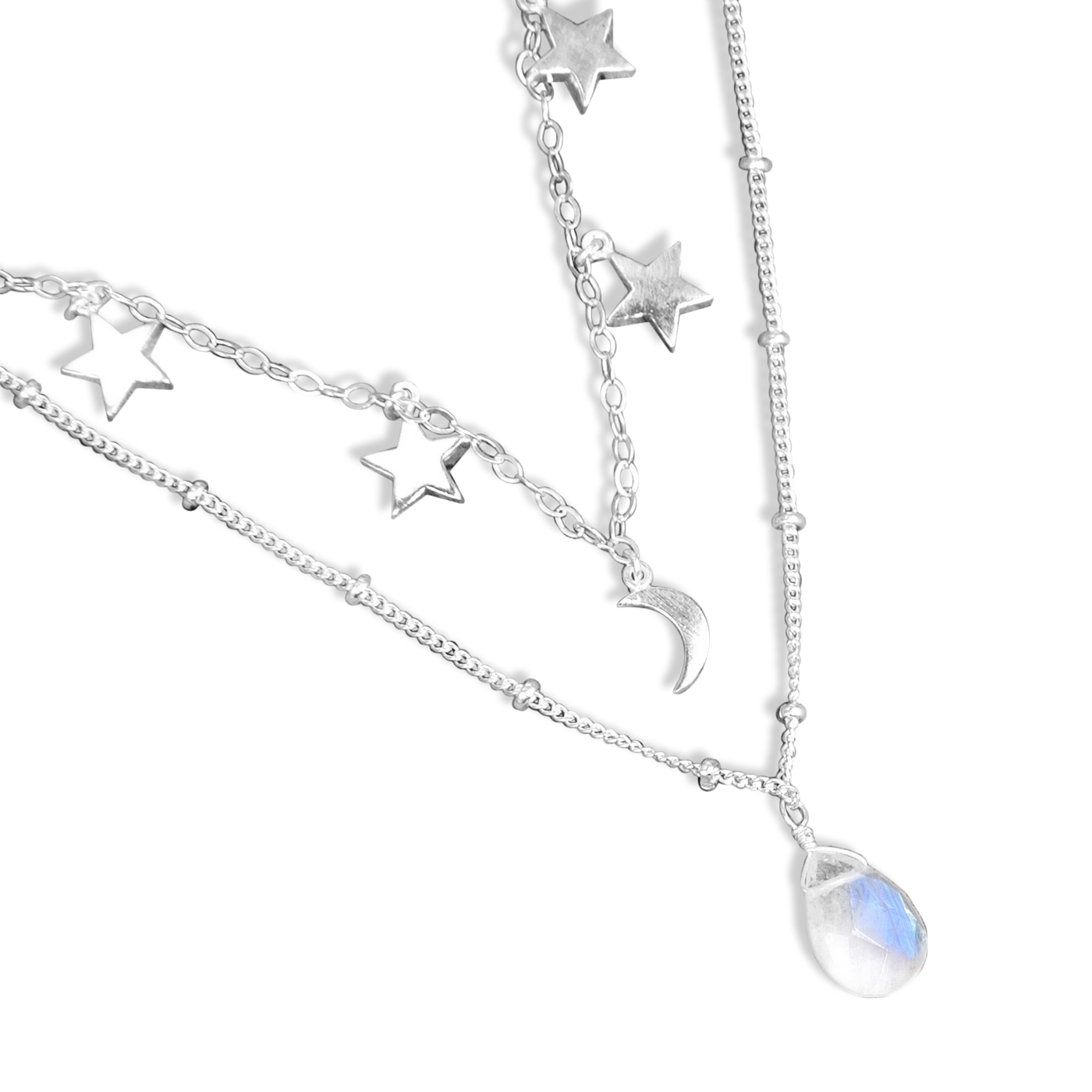 Stars Moon and Moonstone Layered Necklace Sterling Silver