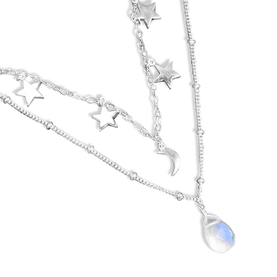 Stars Moon and Moonstone Layered Necklace Sterling Silver - Boho Magic