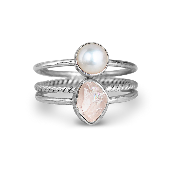 Pearl and Rose Quartz Stacking Ring Set Sterling Silver