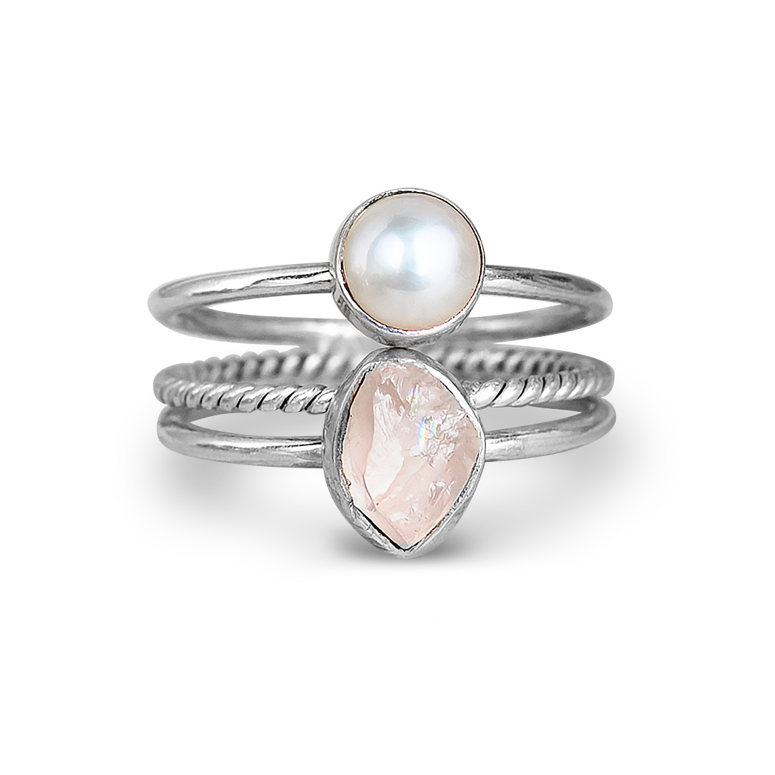 Pearl and Rose Quartz Stacking Ring Set Sterling Silver