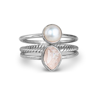 Pearl and Rose Quartz Stacking Ring Set Sterling Silver - Boho Magic