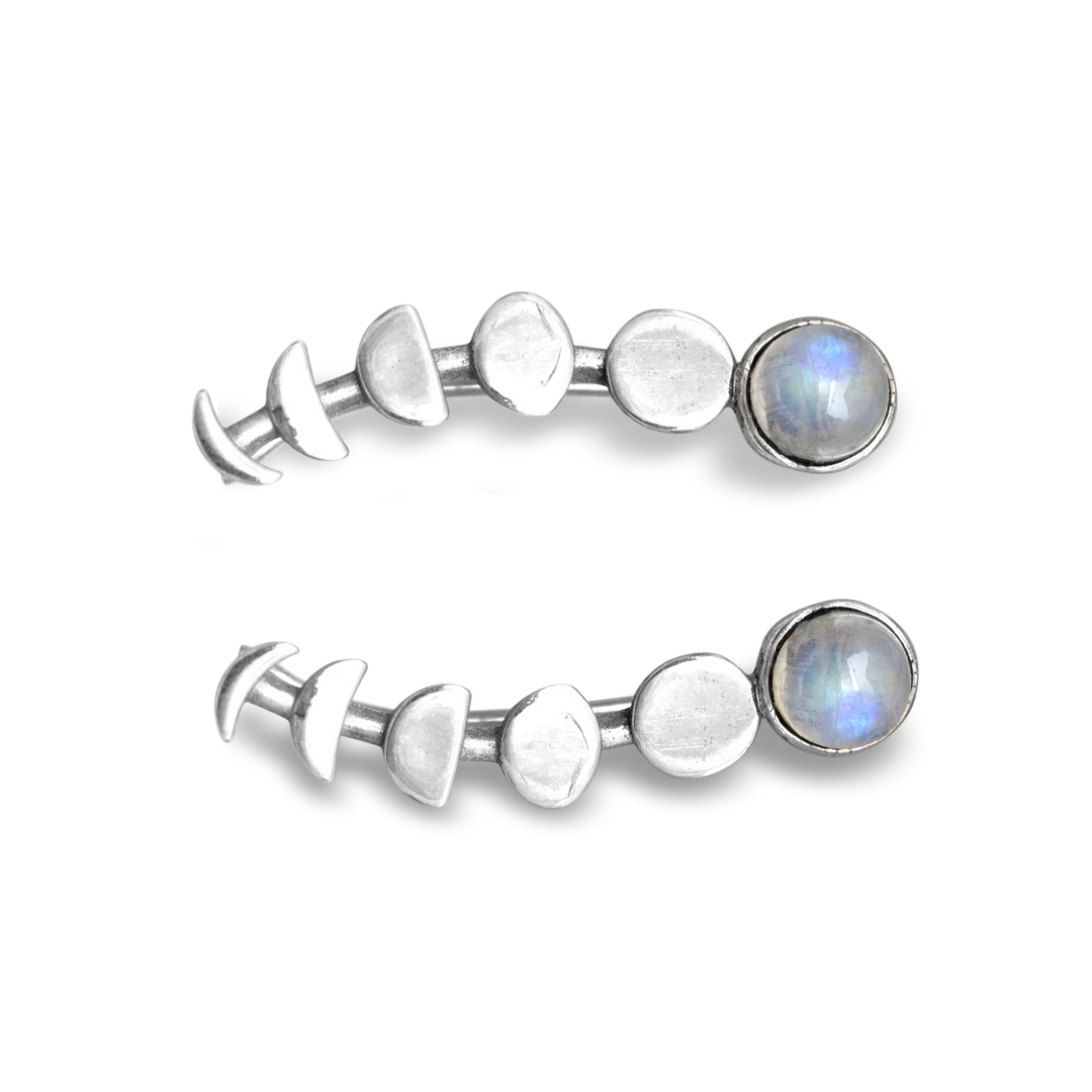 Moon Phase Moonstone Climber Earrings Sterling Silver