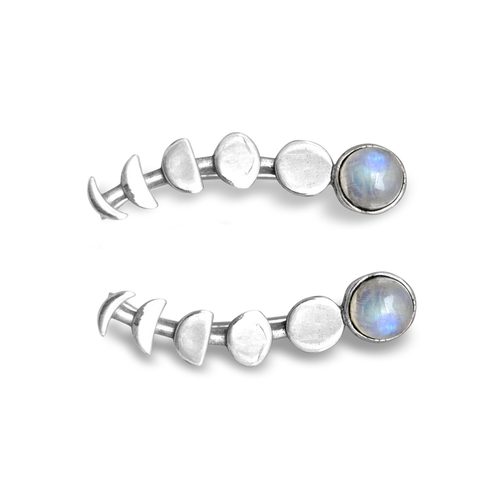 Moon Phase Moonstone Climber Earrings Sterling Silver