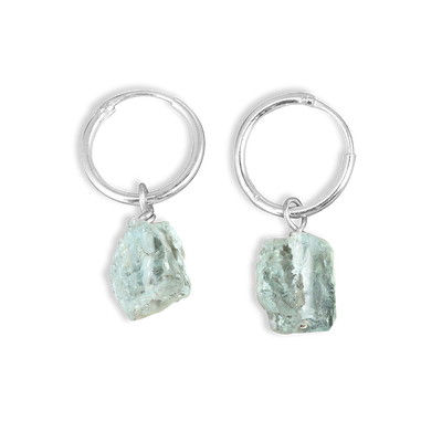 Raw Aquamarine Sterling Silver Hoop Earrings - Boho Magic