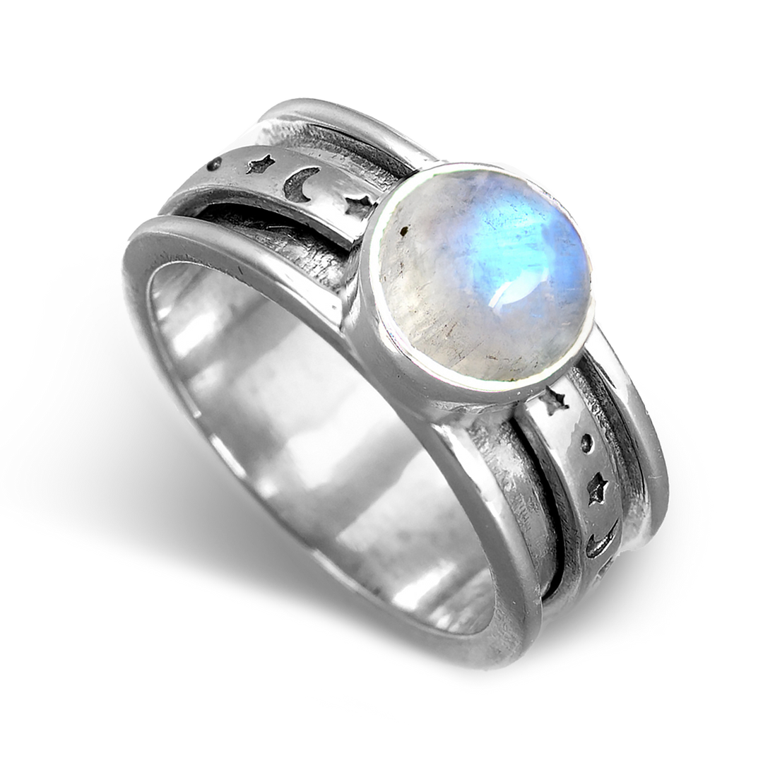 Stars Moon and Moonstone Fidget Ring Sterling Silver