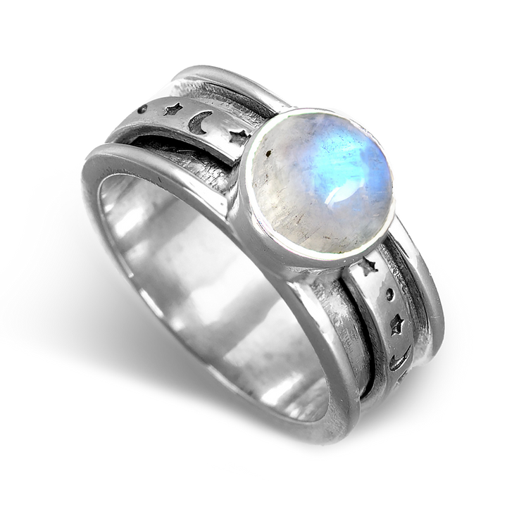 Stars Moon and Moonstone Fidget Ring Sterling Silver