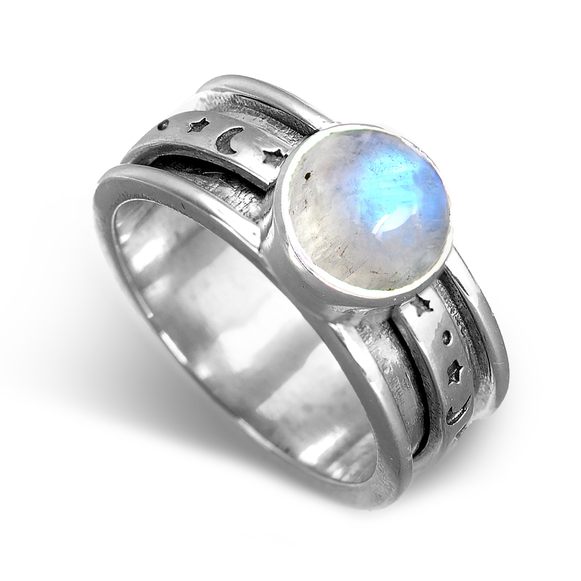 Stars Moon and Moonstone Fidget Ring Sterling Silver