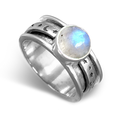 Stars Moon and Moonstone Fidget Ring Sterling Silver - Boho Magic