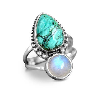 Moonstone and Turquoise Ring Sterling Silver - Boho Magic