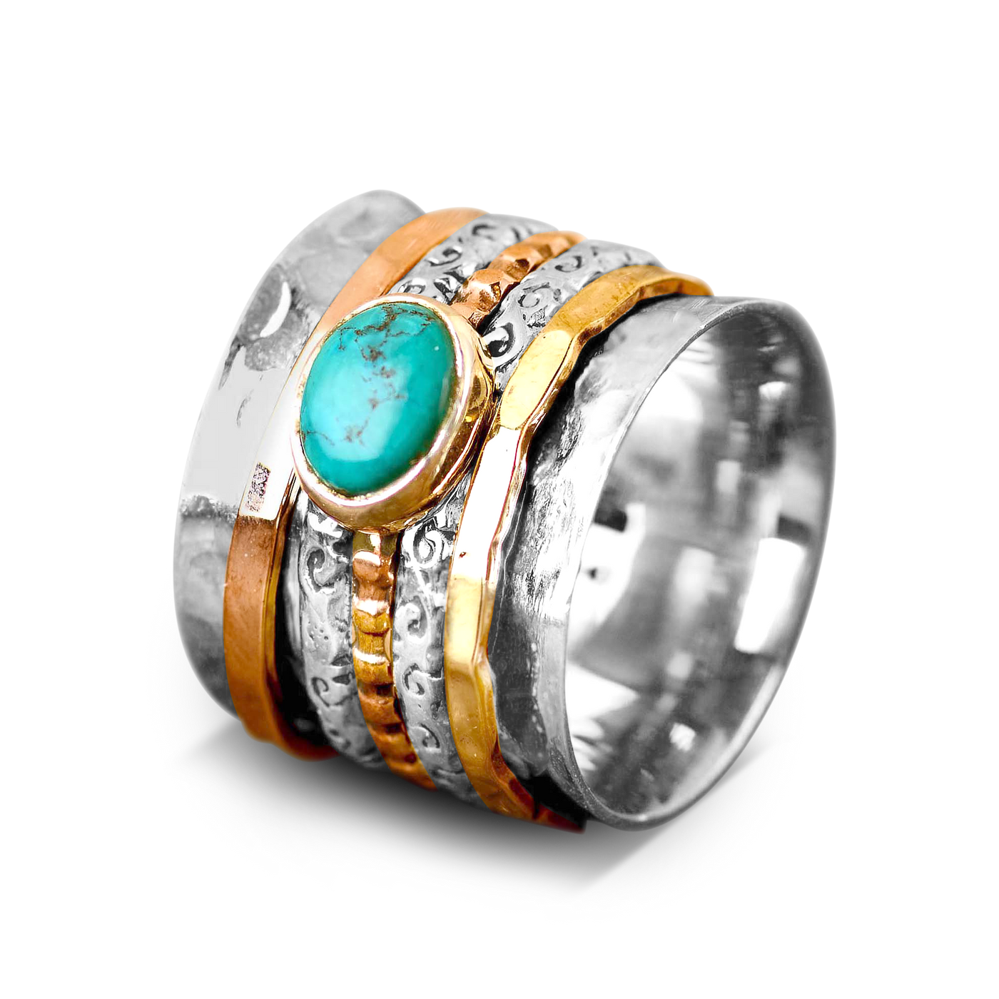 Tri Color Turquoise Fidget Ring Sterling Silver