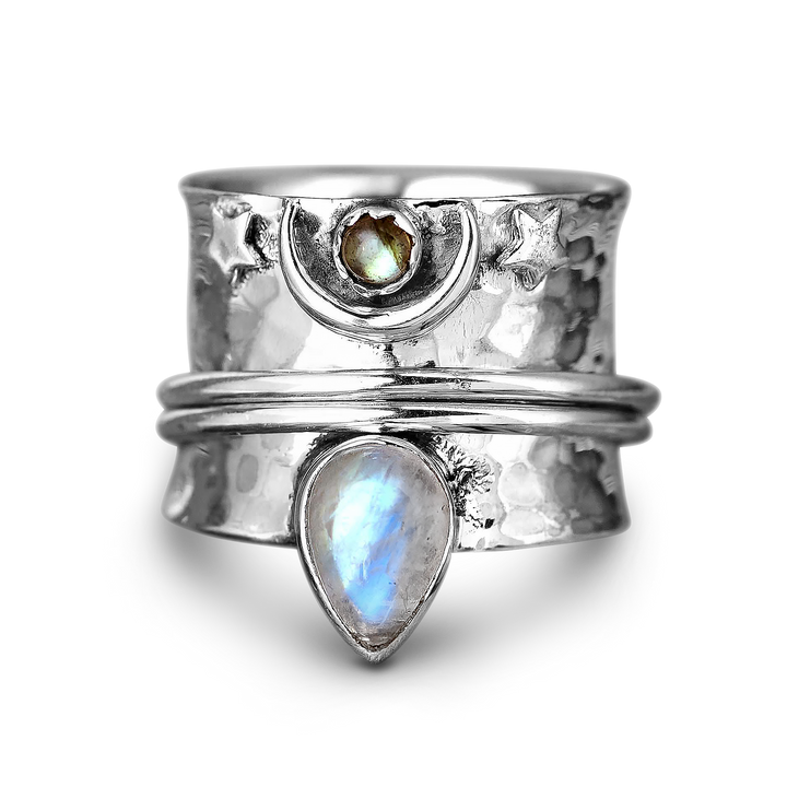 Moonstone Labradorite Fidget Moon Ring Sterling Silver