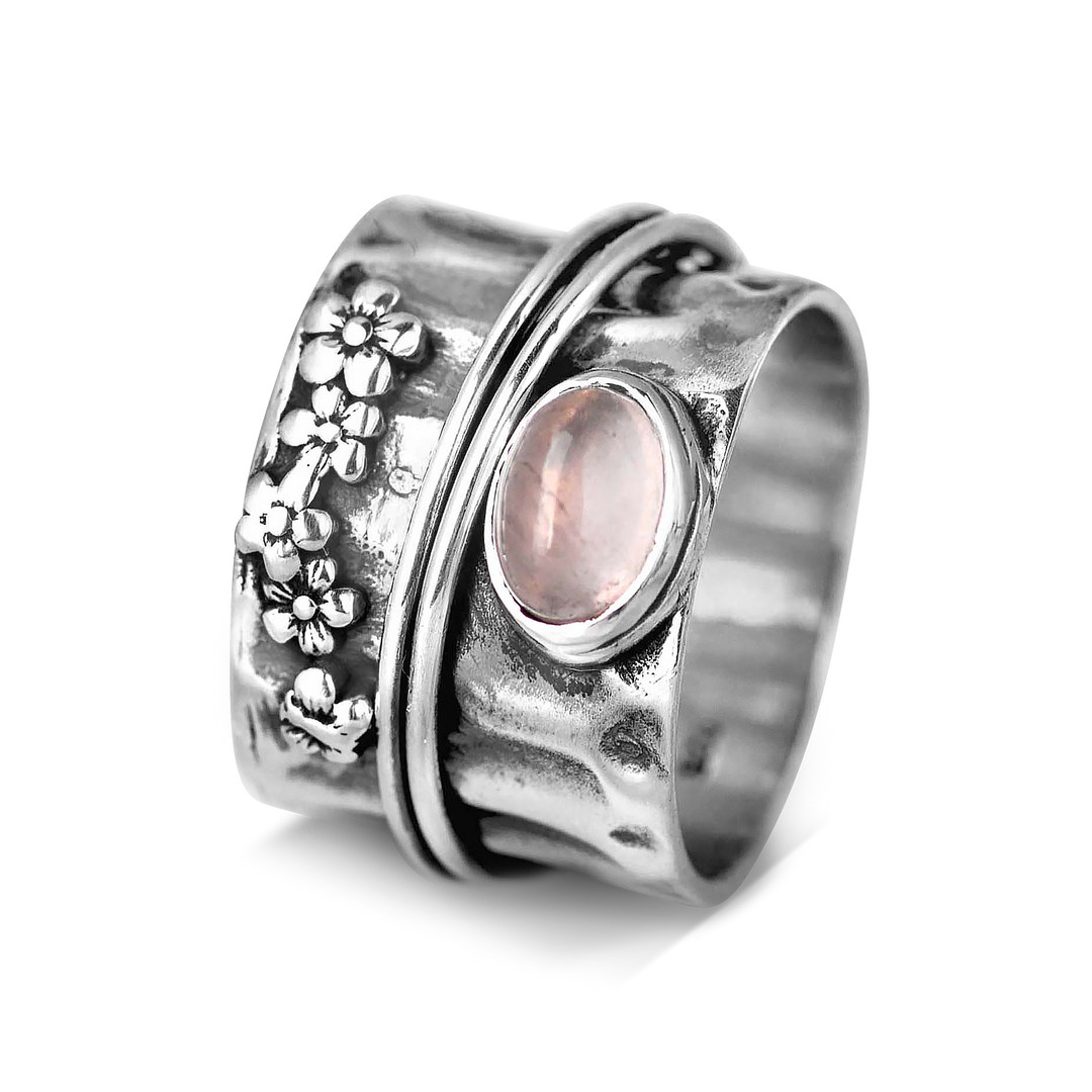 Rosenquarz Blumen und Schmetterling Spinner Ring