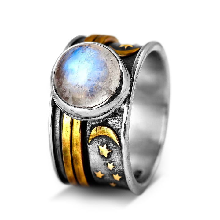 Stars Moon and Moonstone Fidget Ring Sterling Silver