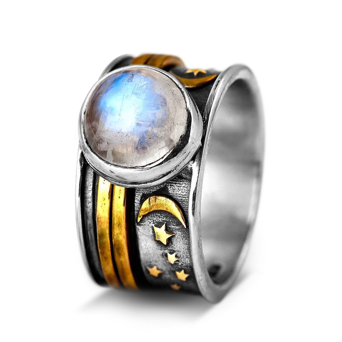 Stars Moon and Moonstone Fidget Ring Sterling Silver