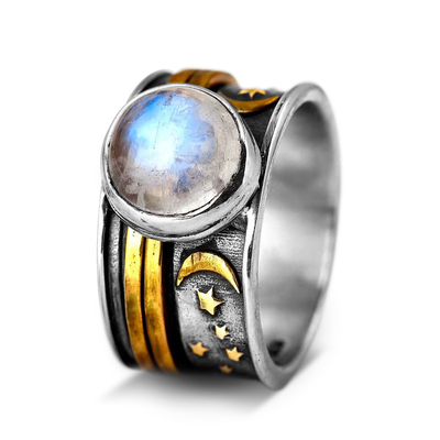 Stars Moon and Moonstone Fidget Ring Sterling Silver - Boho Magic