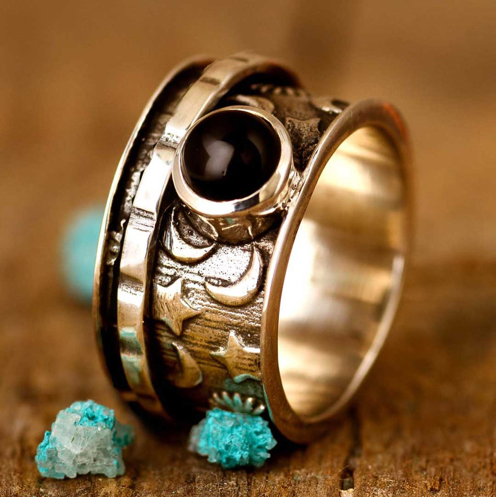 Black Onyx Stars and Moon Fidget Ring Sterling Silver – Boho Magic Jewelry