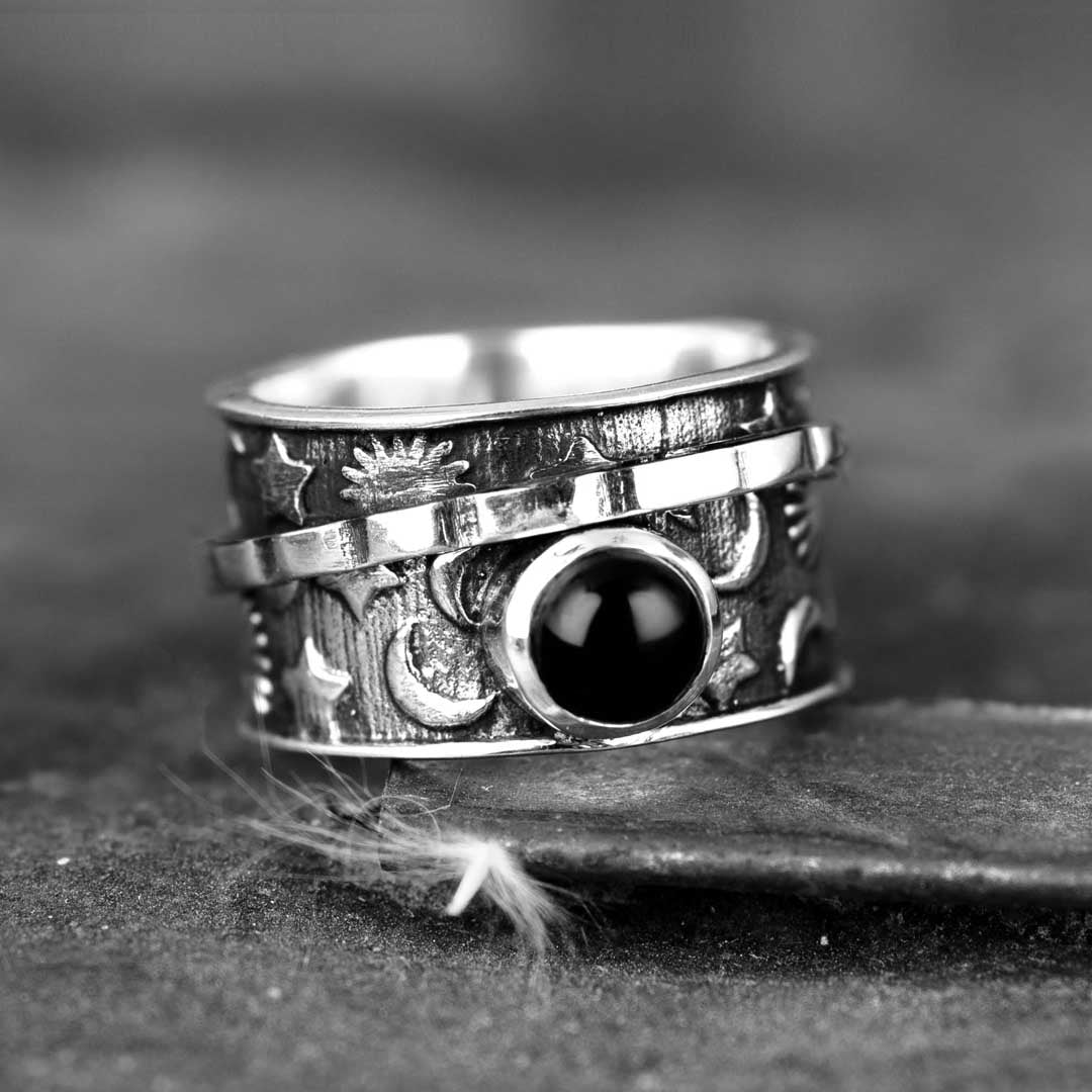 Black Onyx Stars and Moon Fidget Ring Sterling Silver