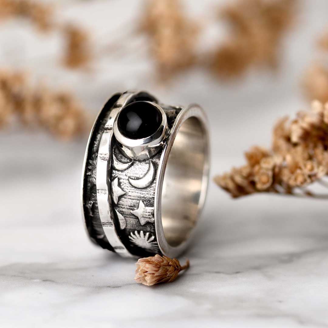 Black Onyx Stars and Moon Fidget Ring Sterling Silver