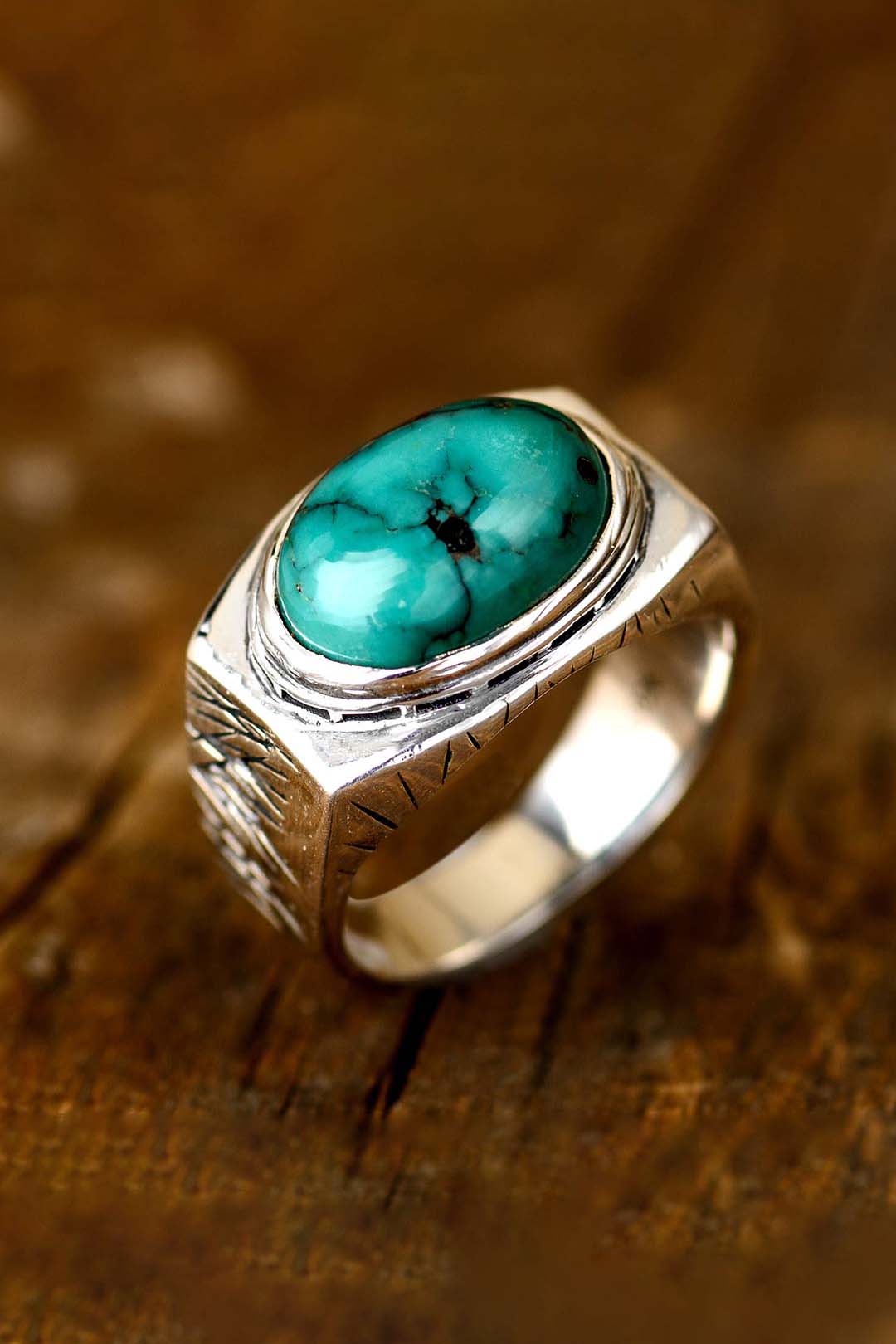 Engraved Turquoise Ring for Men Sterling Silver