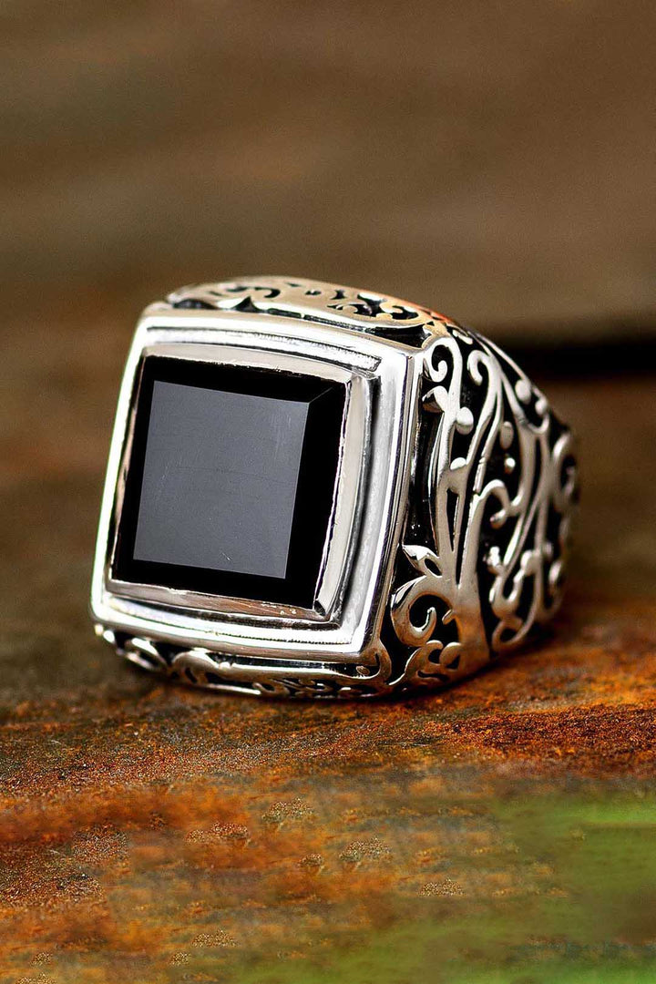 Swirls Black Onyx Signet Ring for Men Sterling Silver