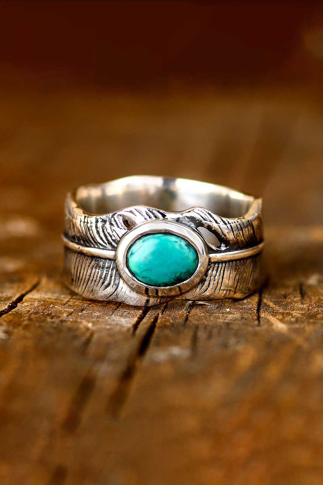 Feather Turquoise Ring for Men Sterling Silver – Boho Magic Jewelry