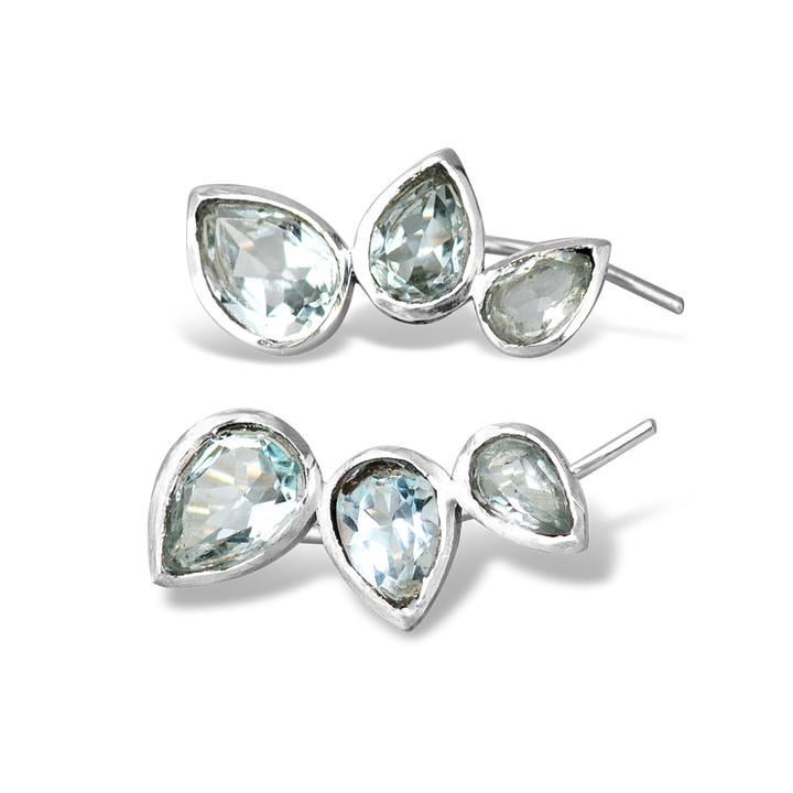 Teardrop Aquamarine Ear Climber Earrings Sterling Silver