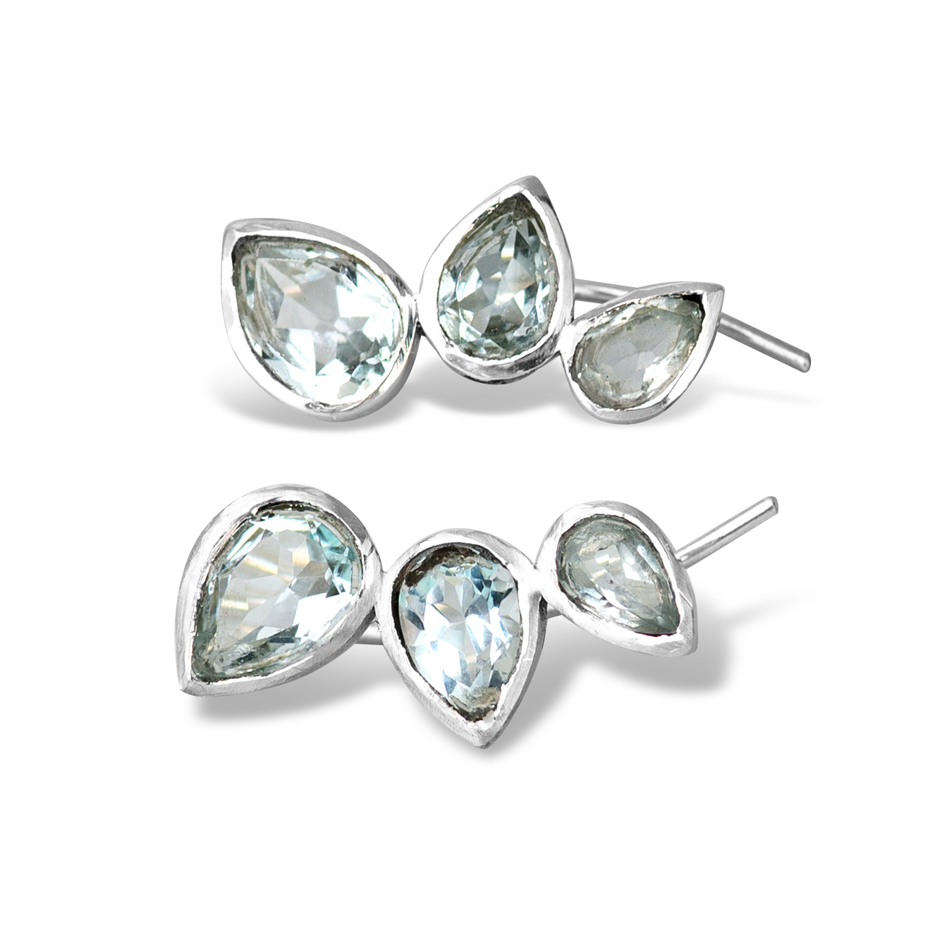 Teardrop Aquamarine Ear Climber Earrings Sterling Silver