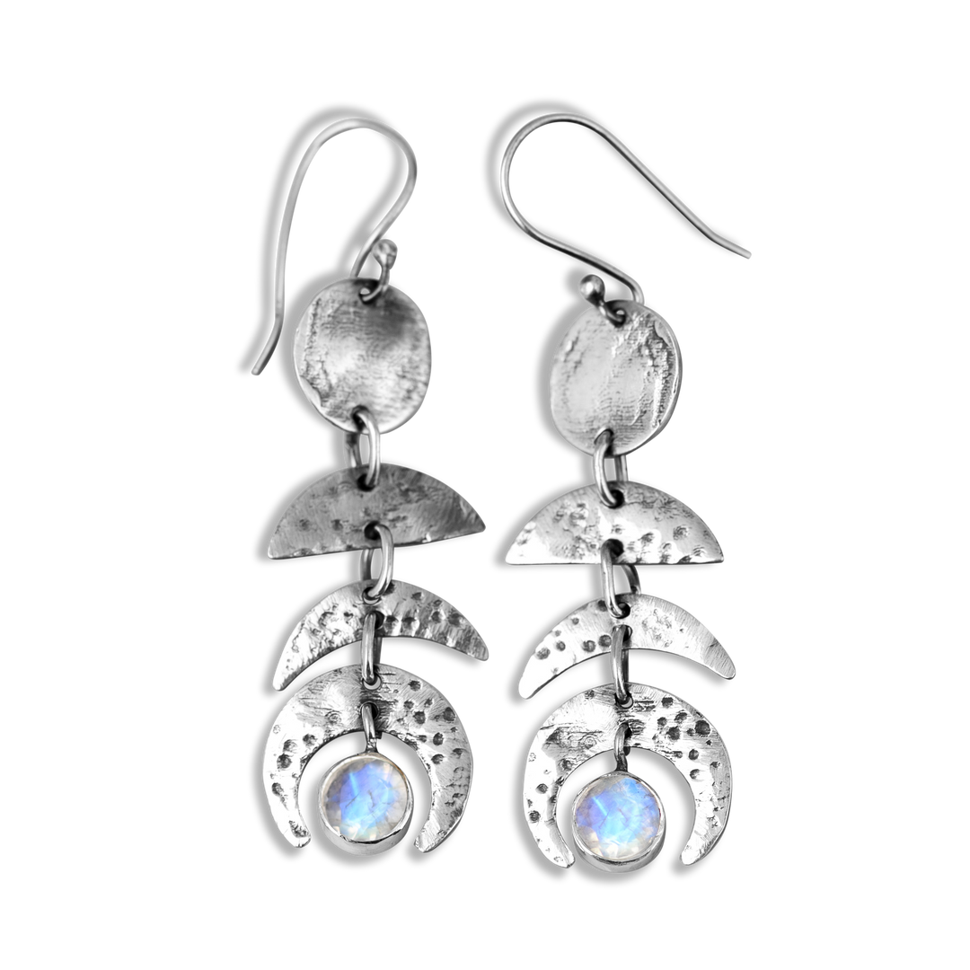 Moon Phase Moonstone Drop Earrings Sterling Silver