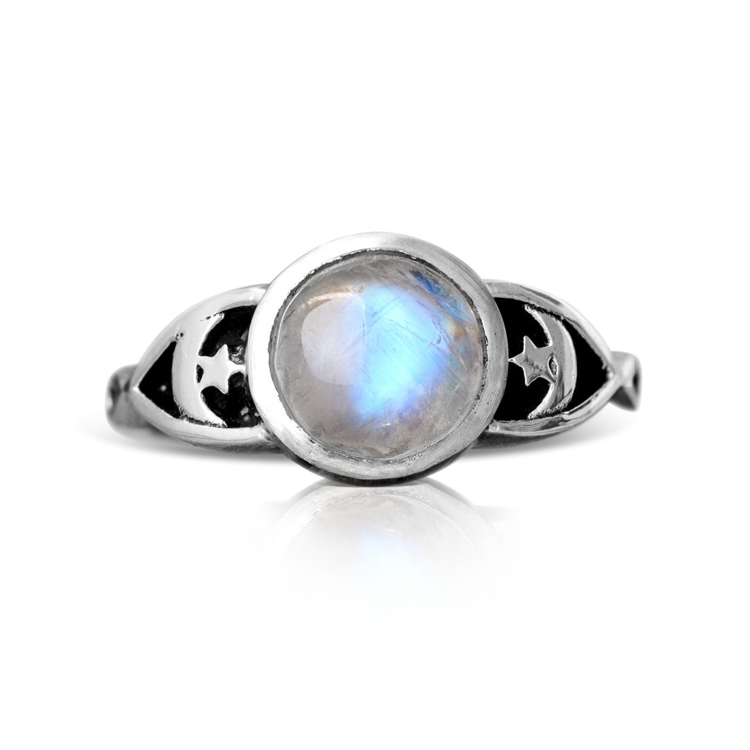 Moonstone Stars Moon Ring Sterling Silver