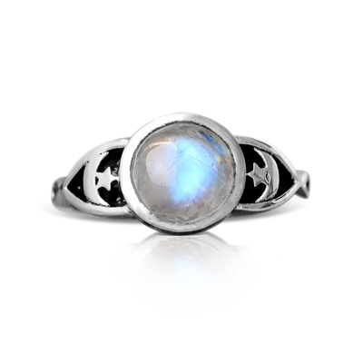 Moonstone Stars Moon Ring Sterling Silver - Boho Magic