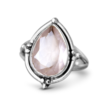 Rose Quartz Teardrop Ring Sterling Silver - Boho Magic