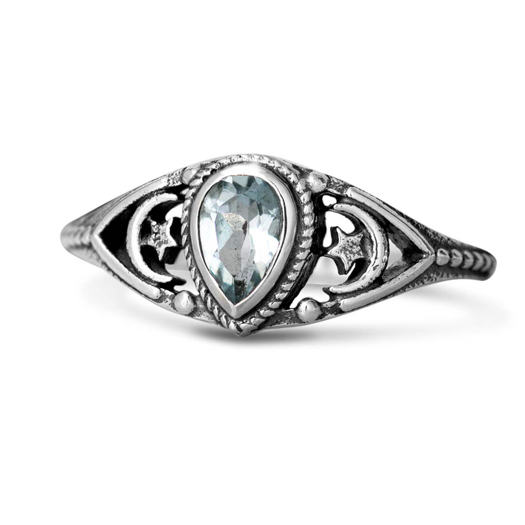 Aquamarin Sterne Mond Ring Sterling Silber