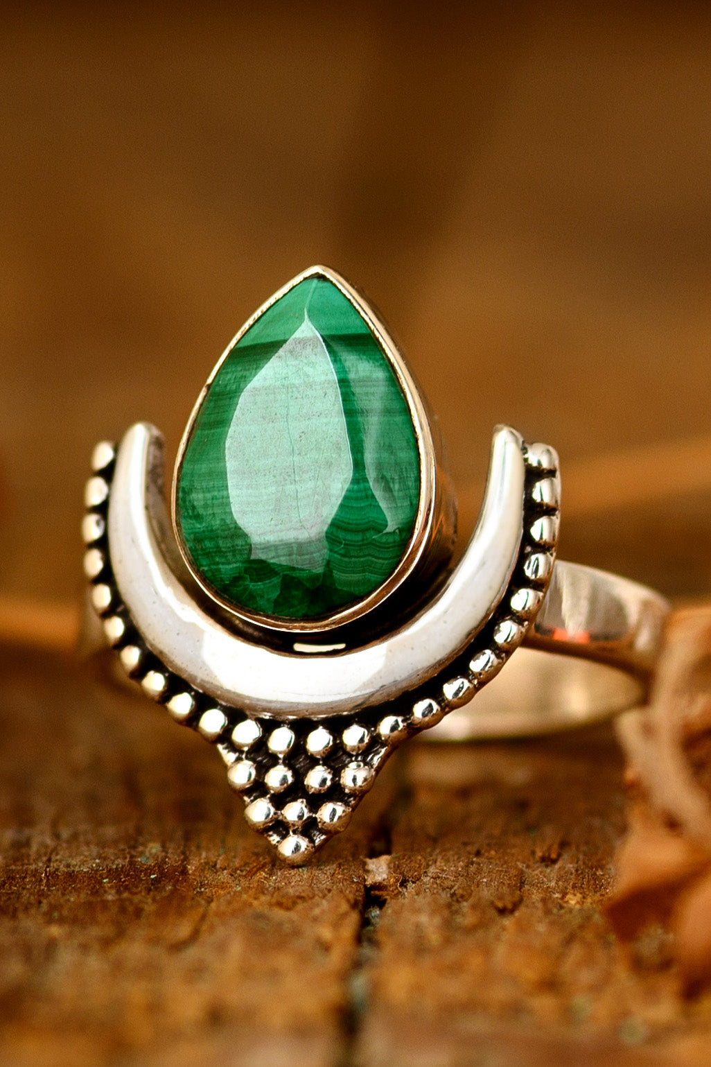 Boho Malachite Moon Ring Sterling Silver